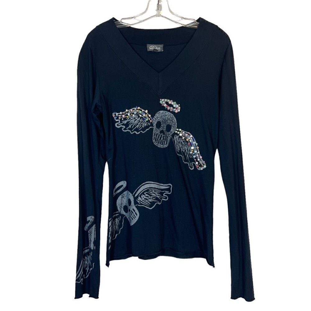 Vintage T-shirt Top Y2K Black Skull Rhinestone Long Sleeve Medium - Picture 3 of 9